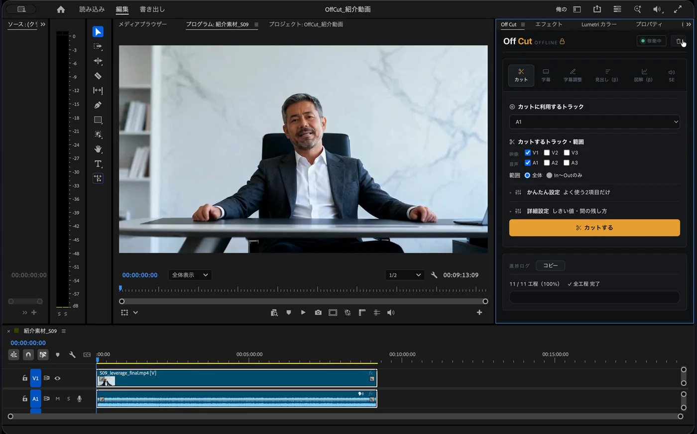 Premiere Pro の右側に開いた Off Cut の画面。カット・字幕・字幕調整・見出し・図解・SE のタブが並び、カットするトラックと範囲を選べる。