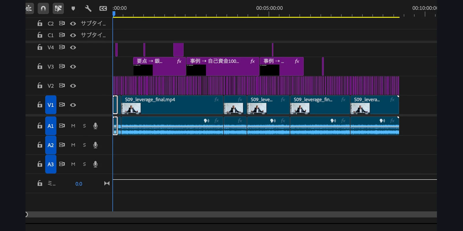 処理後の Premiere Pro のタイムライン。V2 に字幕が細かく並び、V3 に章見出し、V4 に図解が置かれ、V1 の映像は無音の部分が詰まっている。